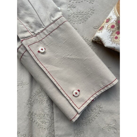 Zara Men’s XL Embroidered Paisley Dress Shirt Beige Cotton Contrast Cuff Turkey - Picture 7 of 16